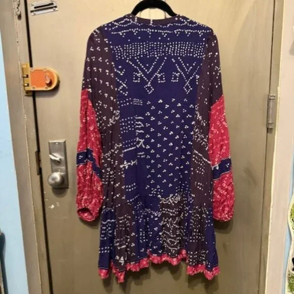 Free People Shibori Swing / Baby Doll Mini Dress with Balloon (Puff) Sleeves - Picture 14 of 16